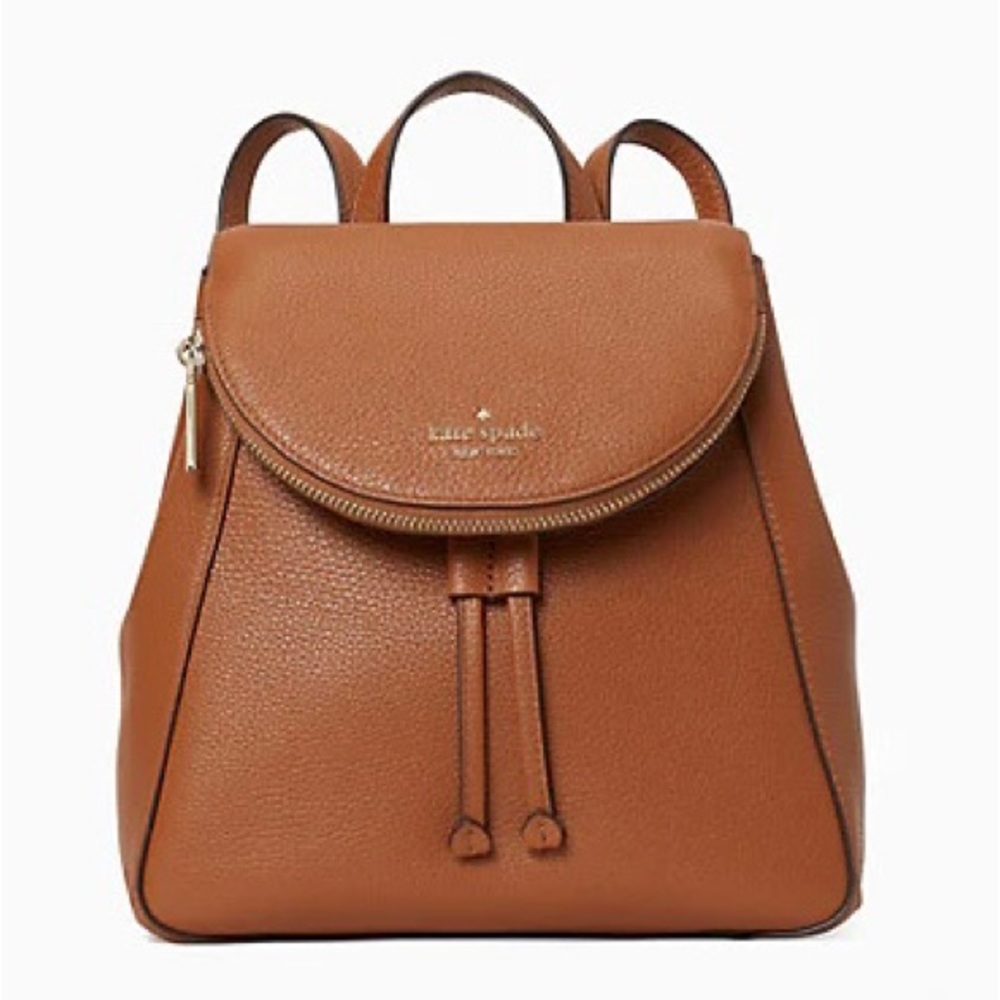 New Kate Spade Leila Medium Flap Backpack Purse Warm Gingerbread Brown Leather